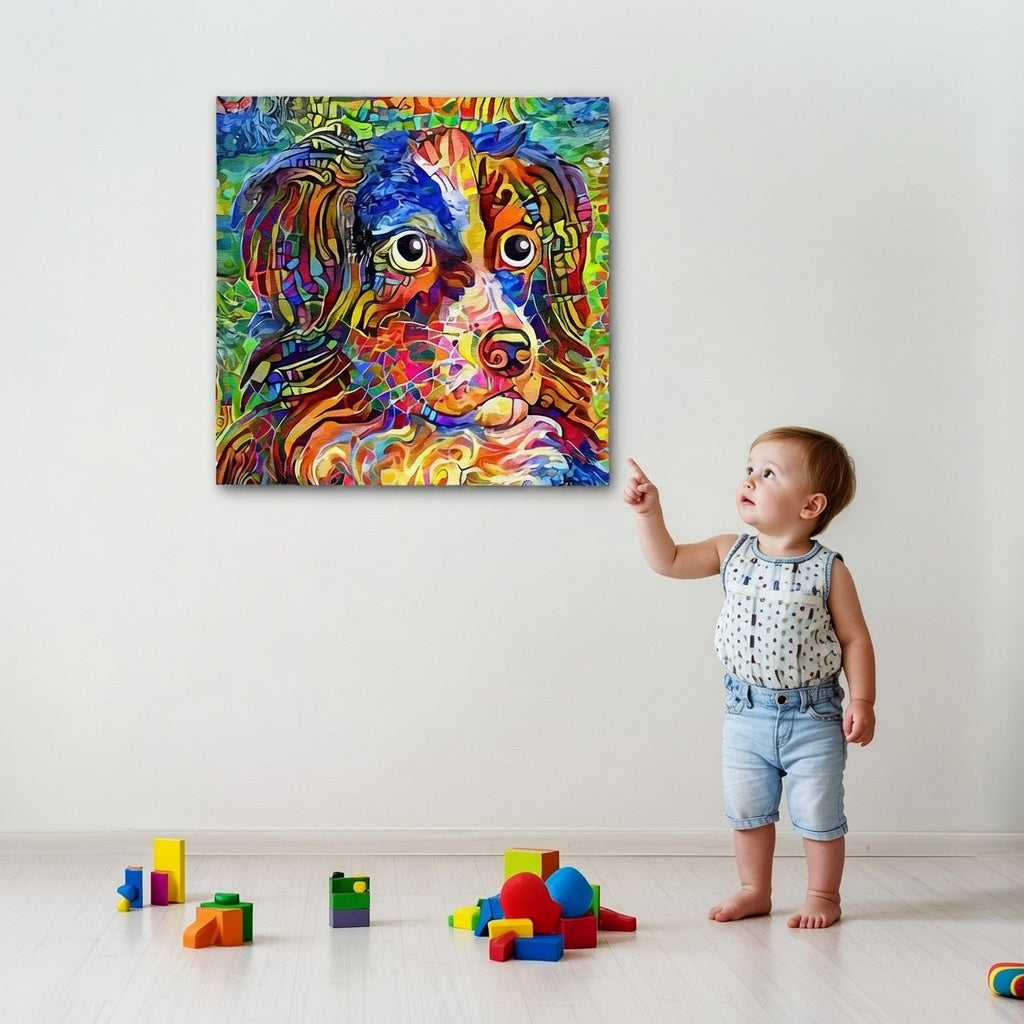 Toddler pointing at colorful abstract painting of a dog on a white wall with scattered toys on the floor.