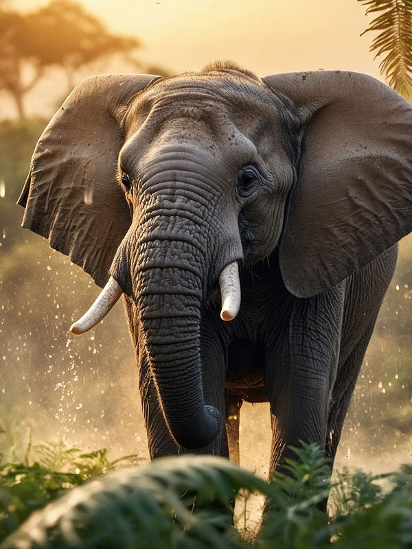 Close-up of an African elephant walking through tall grass with sunlight and dust particles in the background.