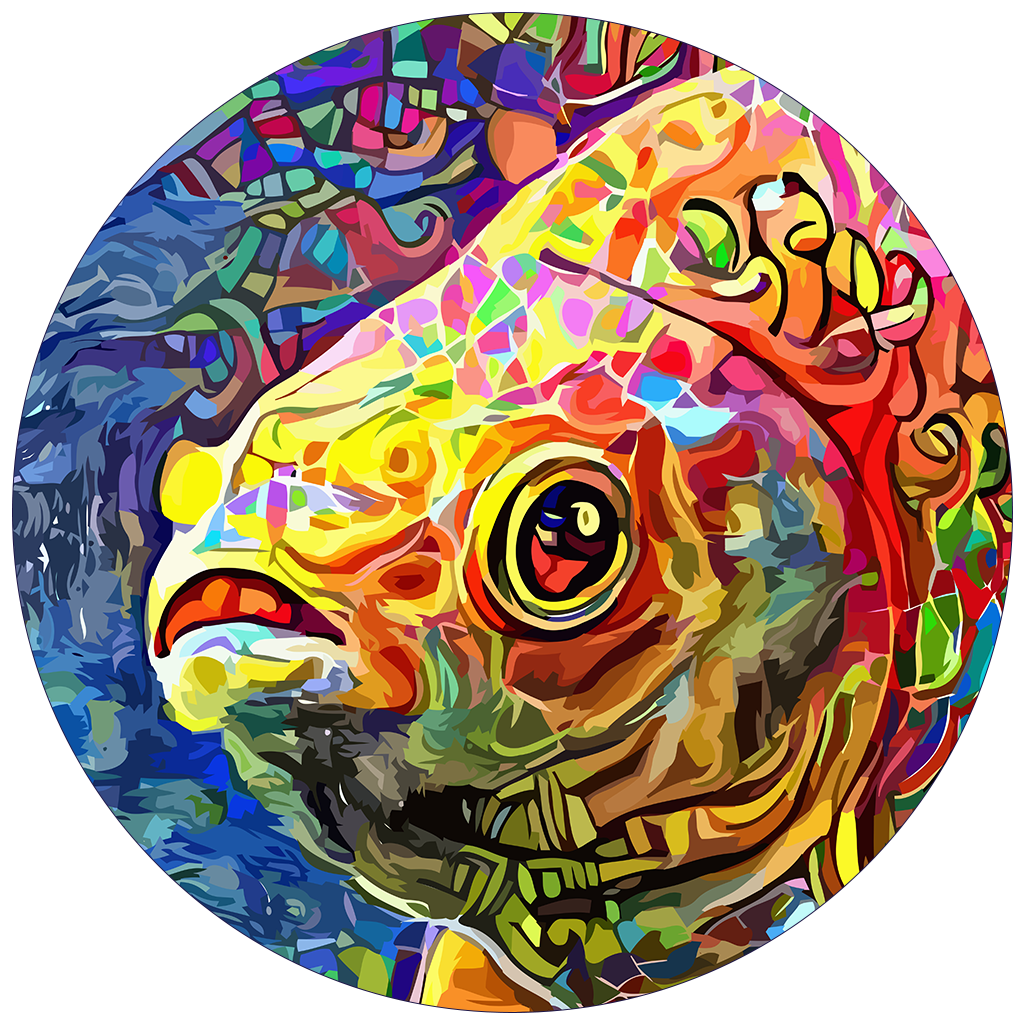 Vibrant digital artwork of a colorful Japanese Koi carp fish head with abstract patterns inside a circular frame.