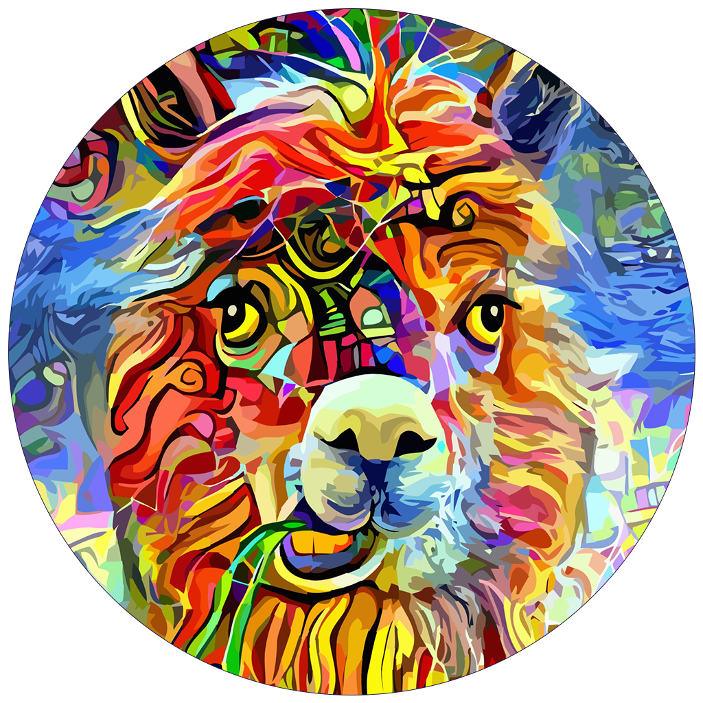 Colorful abstract painting of a llama's face with vibrant patterns and swirling shapes in a circular frame