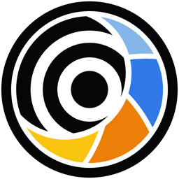 Mooni Wall Art abstract circular logo with black, blue, and orange curved shapes forming a spiral pattern on a white background.