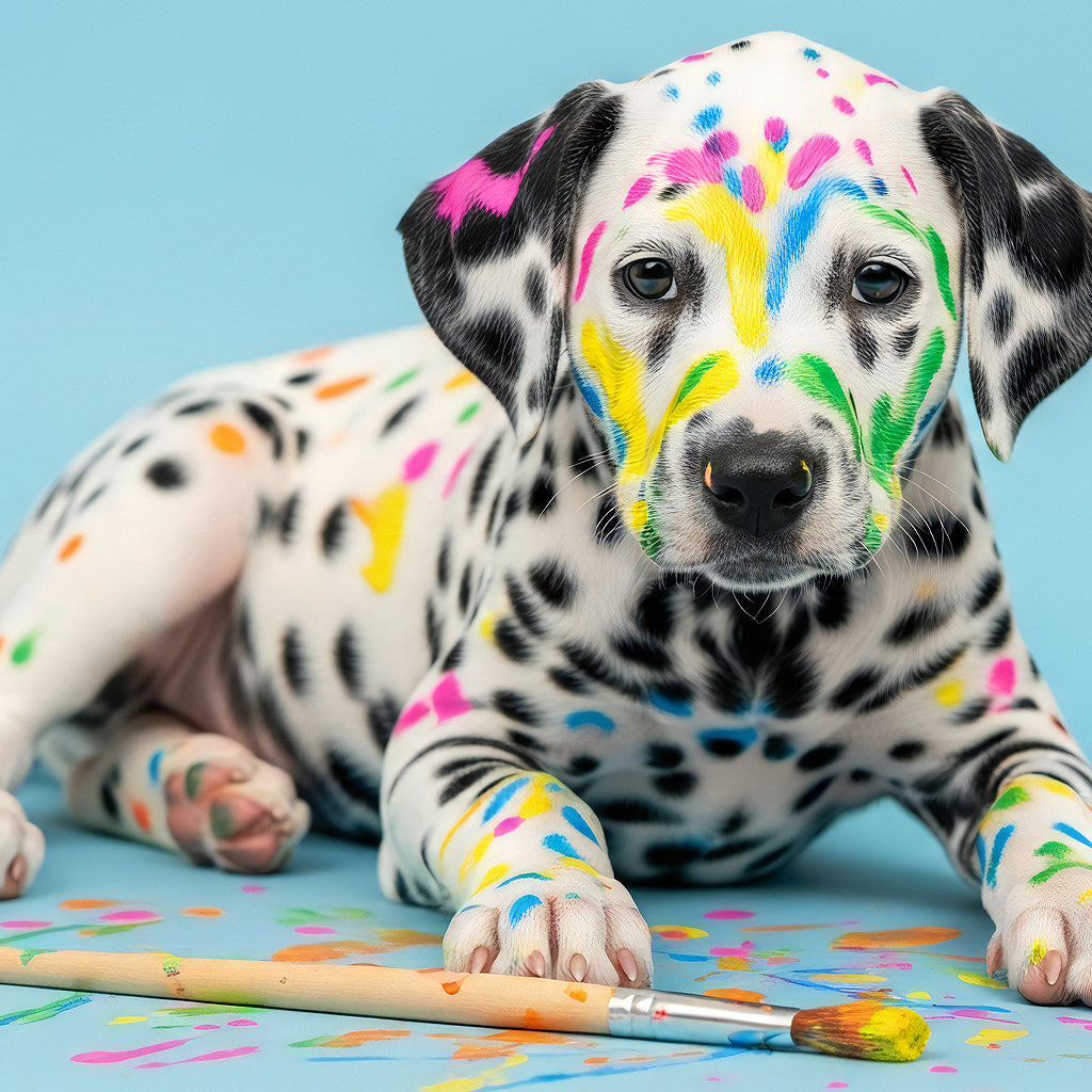 Dalmatian puppy lying on blue surface with colorful paint splatters on its fur and a paintbrush in front of it.