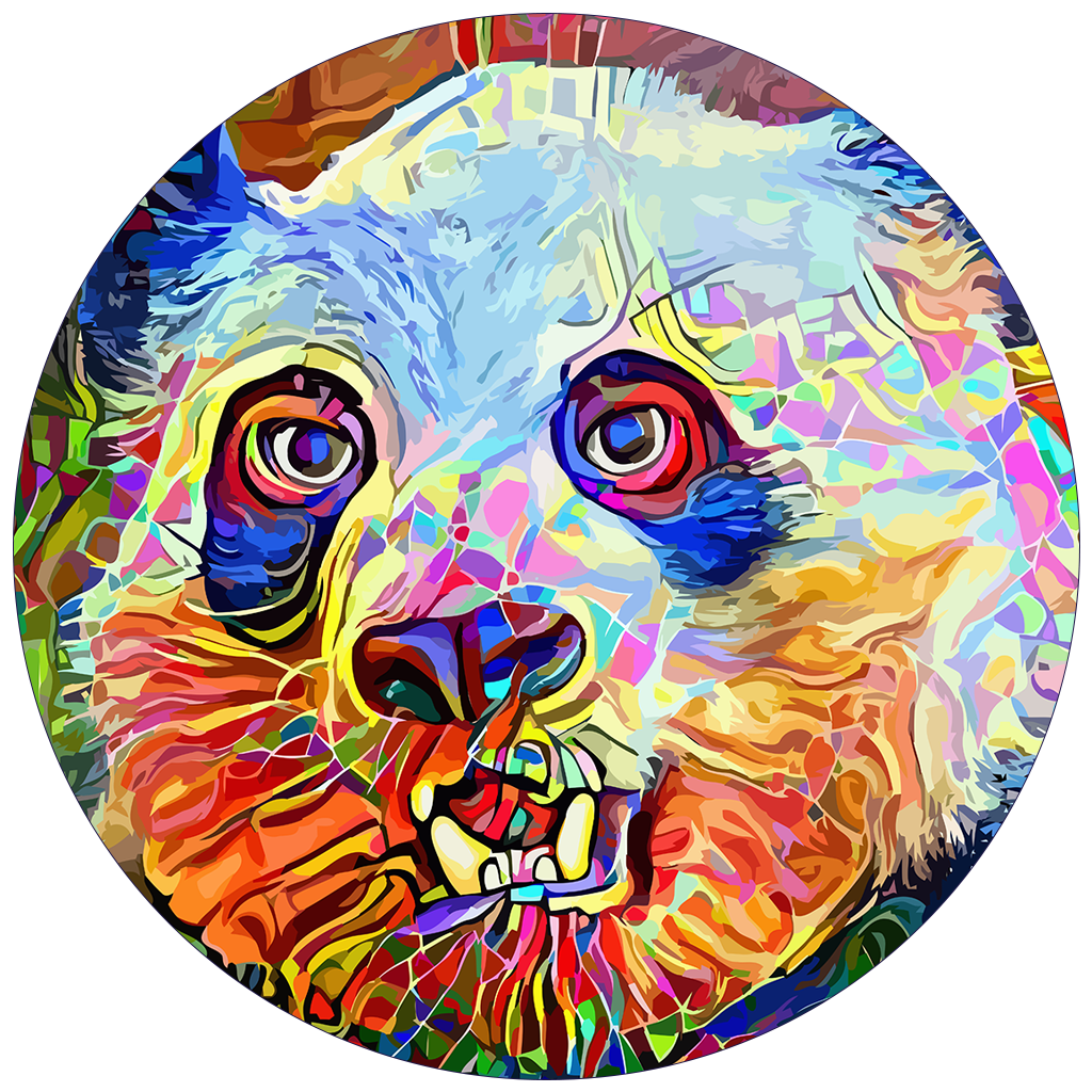 Colorful abstract digital painting of a black and white panda's face with vibrant geometric shapes inside a circular frame.