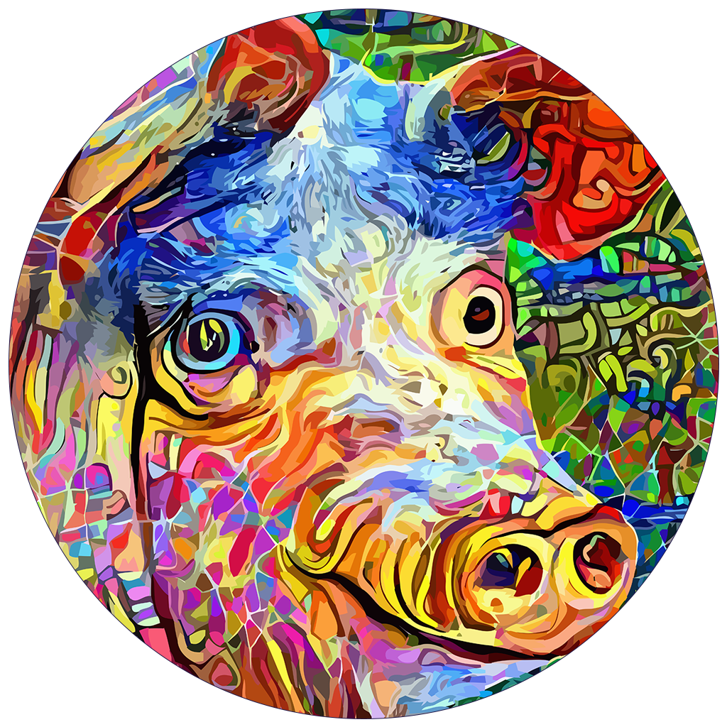 Colorful abstract painting of a pig’s face with intricate patterns and vibrant swirling shapes in a circular frame