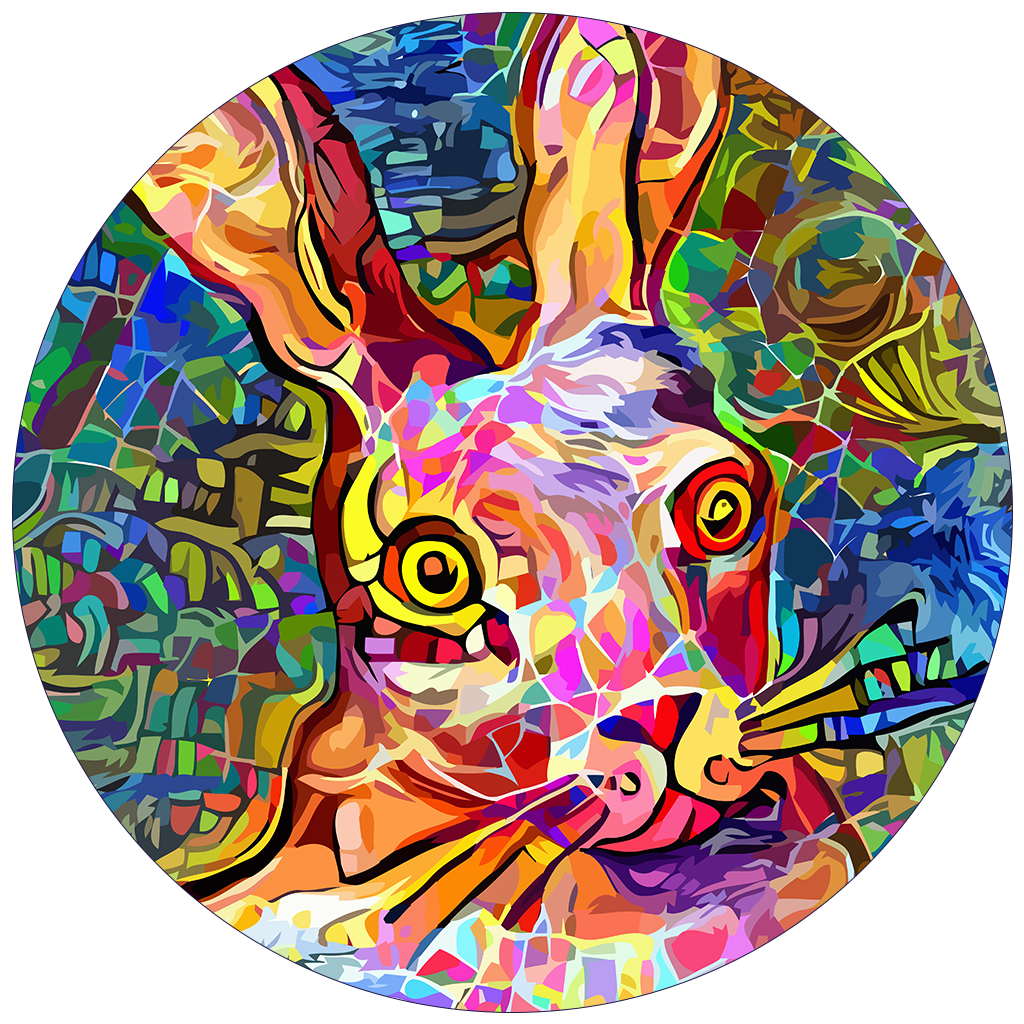 Colorful abstract digital painting of a rabbit's face with bright yellow eyes and vibrant geometric patterns surrounding it.