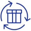 Blue circular icon with a box and two arrows forming a circle around it on a dark background