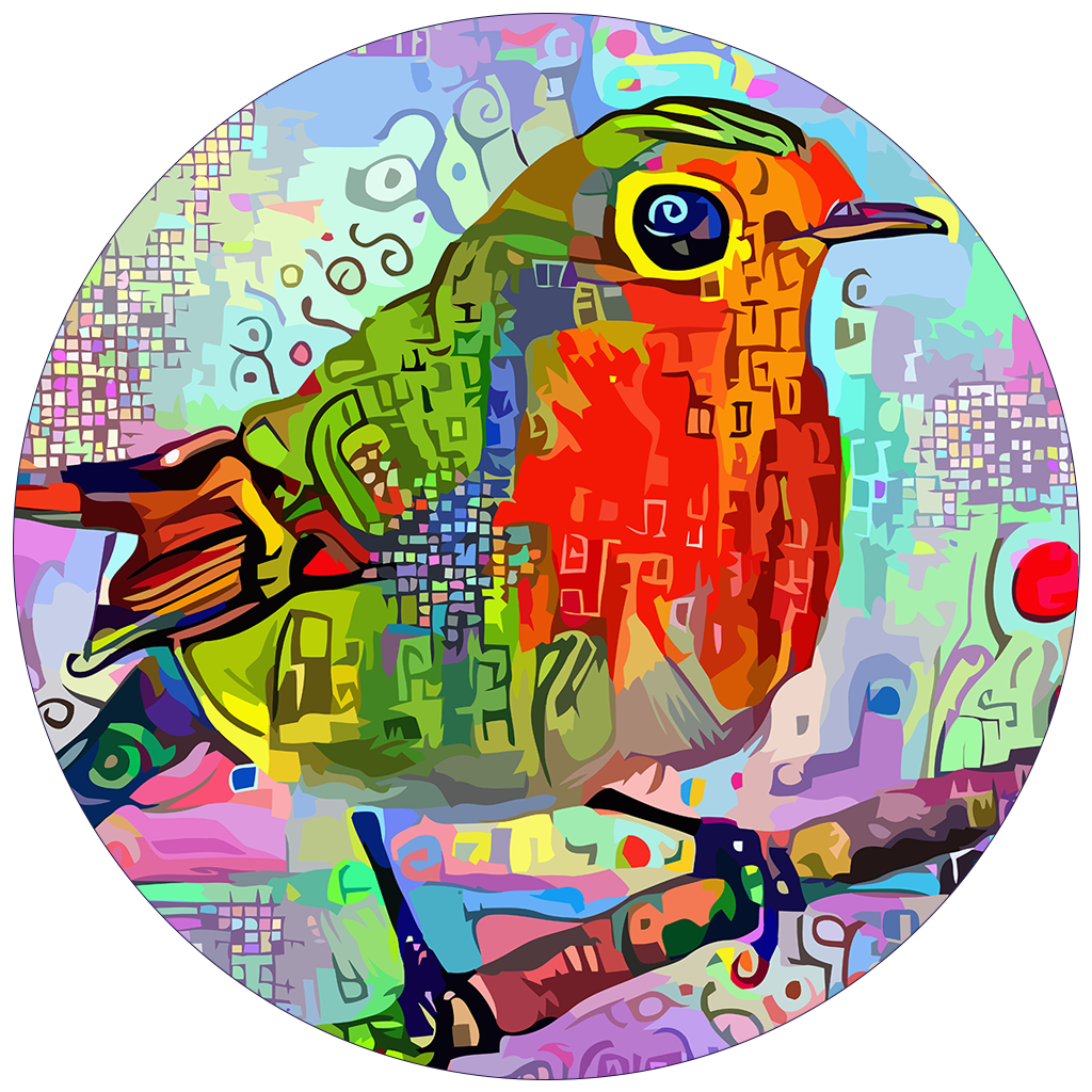 Colorful abstract digital art of a bird with vibrant patterns and geometric shapes inside a circular frame