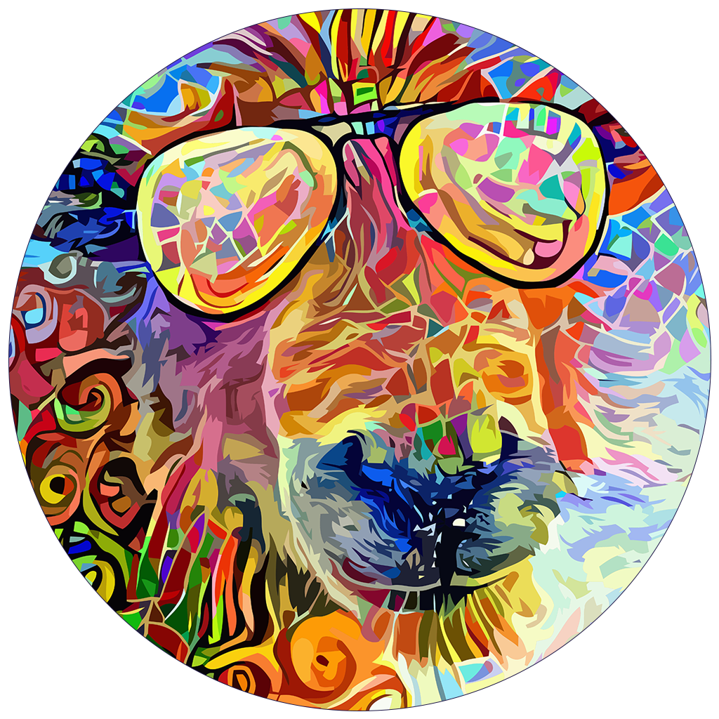 Colorful abstract painting of a funny sheep wearing reflective aviator sunglasses inside a circular frame.