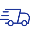Blue delivery truck icon with motion lines on a black background signaling fast shipping or transport service.