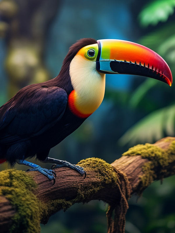 Colorful toucan with a large orange and yellow beak perched on a moss-covered tree branch in a forest setting