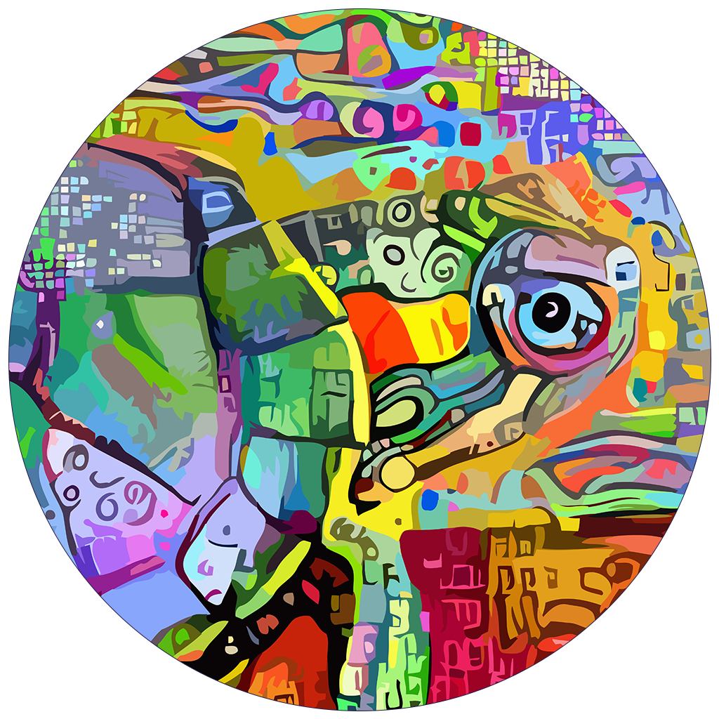 Abstract circular digital artwork featuring a colorful turtle mosaic of geometric shapes and patterns with a bird-like figure.