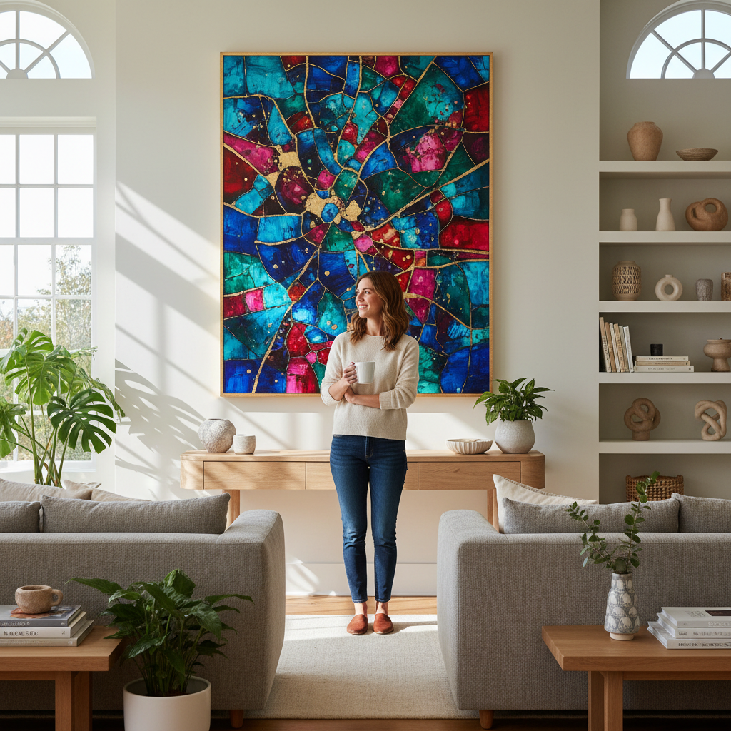 Woman holding a cup standing in a bright living room with colorful abstract painting and plants around her