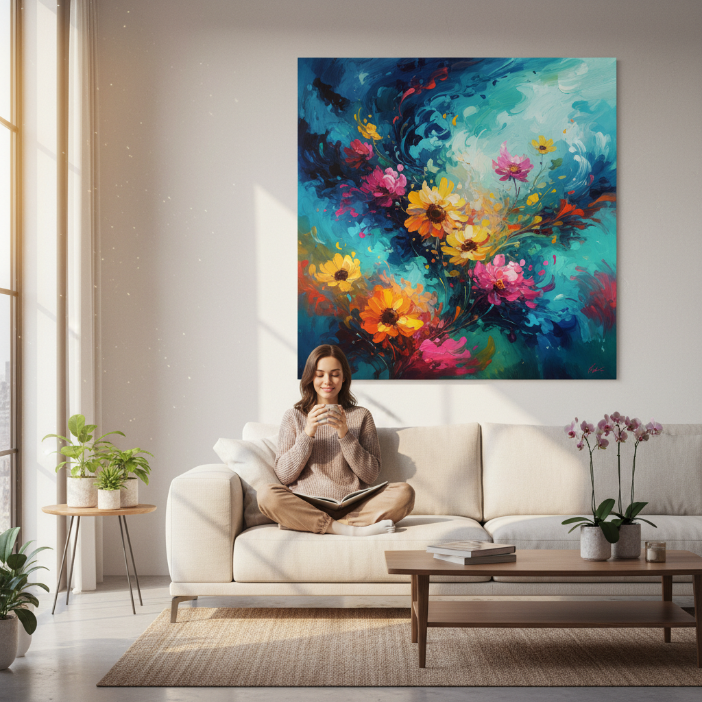Woman enjoying art in her home